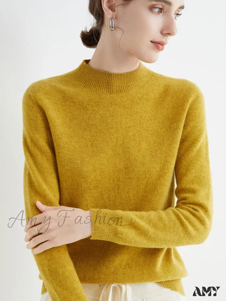 100% Merino Wool Cashmere Women Knitted Long Sleeve Pullovers Autumn Winter Warm Sweater Yellow / S