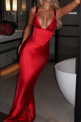 Satin Boned V-Neck Backless Cami Party Dress