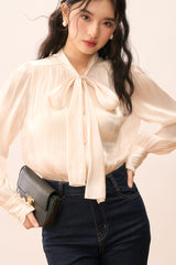Shiny Ribbon-Tie Elegant Romantic Blouse