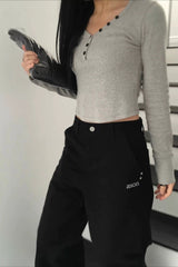 High Waist Embroidered Letter Pocket Loose Straight Jeans