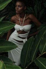 3D Floral Waist Cinch Cutout Halter Maxi Slip Dress