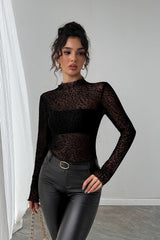 Turtleneck Slim-Fit Mesh Long-Sleeve Blouse