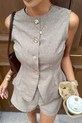 Button Sleeveless Vest Short Two Piece Work Set