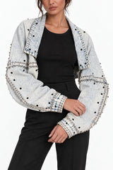 Rhinestone Studded Cropped Denim Jacket