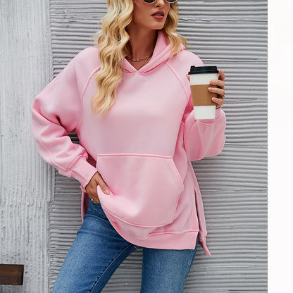 Autumn Winter New Fashion Solid Color Hooded Long-sleeved Side Slit Hoodies