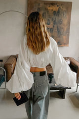 Sleek Drawstring Tie Waist Round Neck Blouse