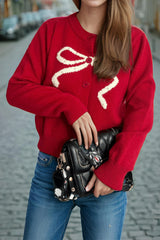 Solid Bow Jacquard Round Christmas Cardigan