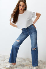 Washed Ripped High-Waist Drapey Straight Leg Jeans