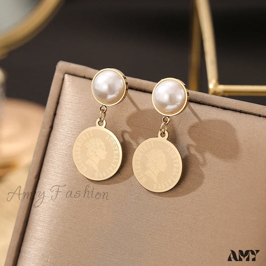 14K Gold Elegant Pearl Relief Portrait Coin Earrings