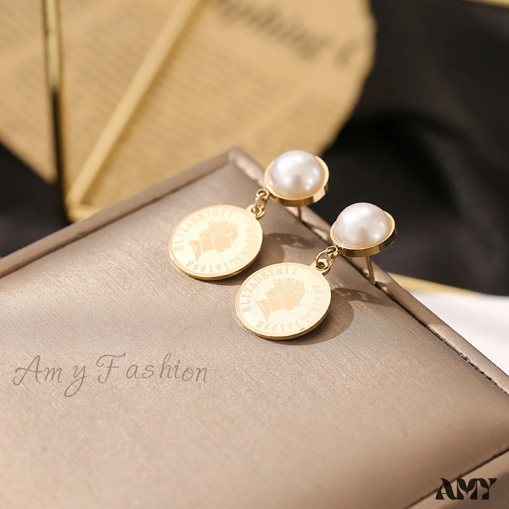 14K Gold Elegant Pearl Relief Portrait Coin Earrings