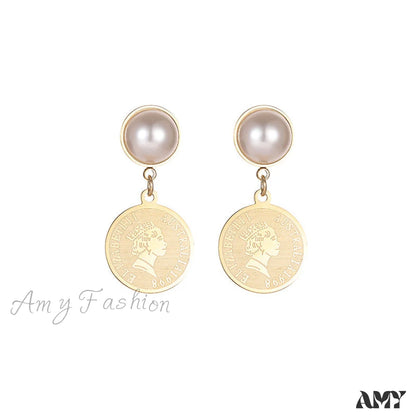 14K Gold Elegant Pearl Relief Portrait Coin Earrings