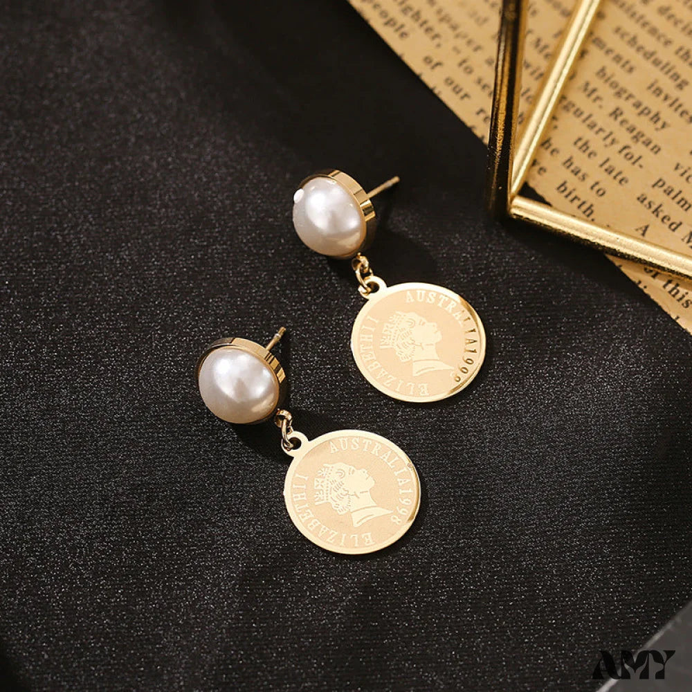 14K Gold Elegant Pearl Relief Portrait Coin Earrings Gold