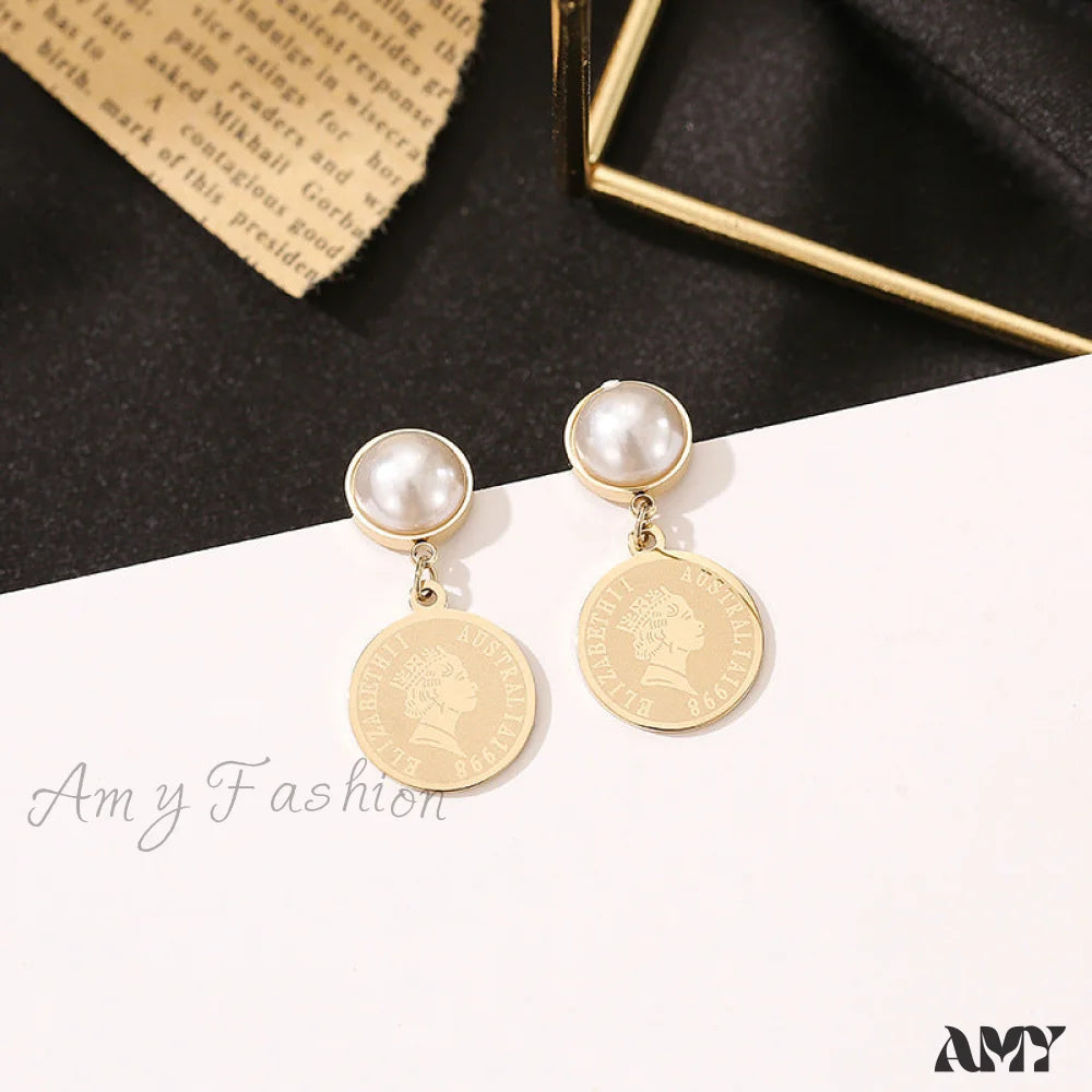 14K Gold Elegant Pearl Relief Portrait Coin Earrings