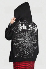 Spider Web Letter Print Punk Zip Hoodie