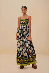 Artistic Print Linen Midi Slip Dress