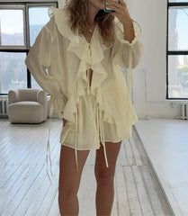 Ruffled Tie Top Shorts Two Piece Set