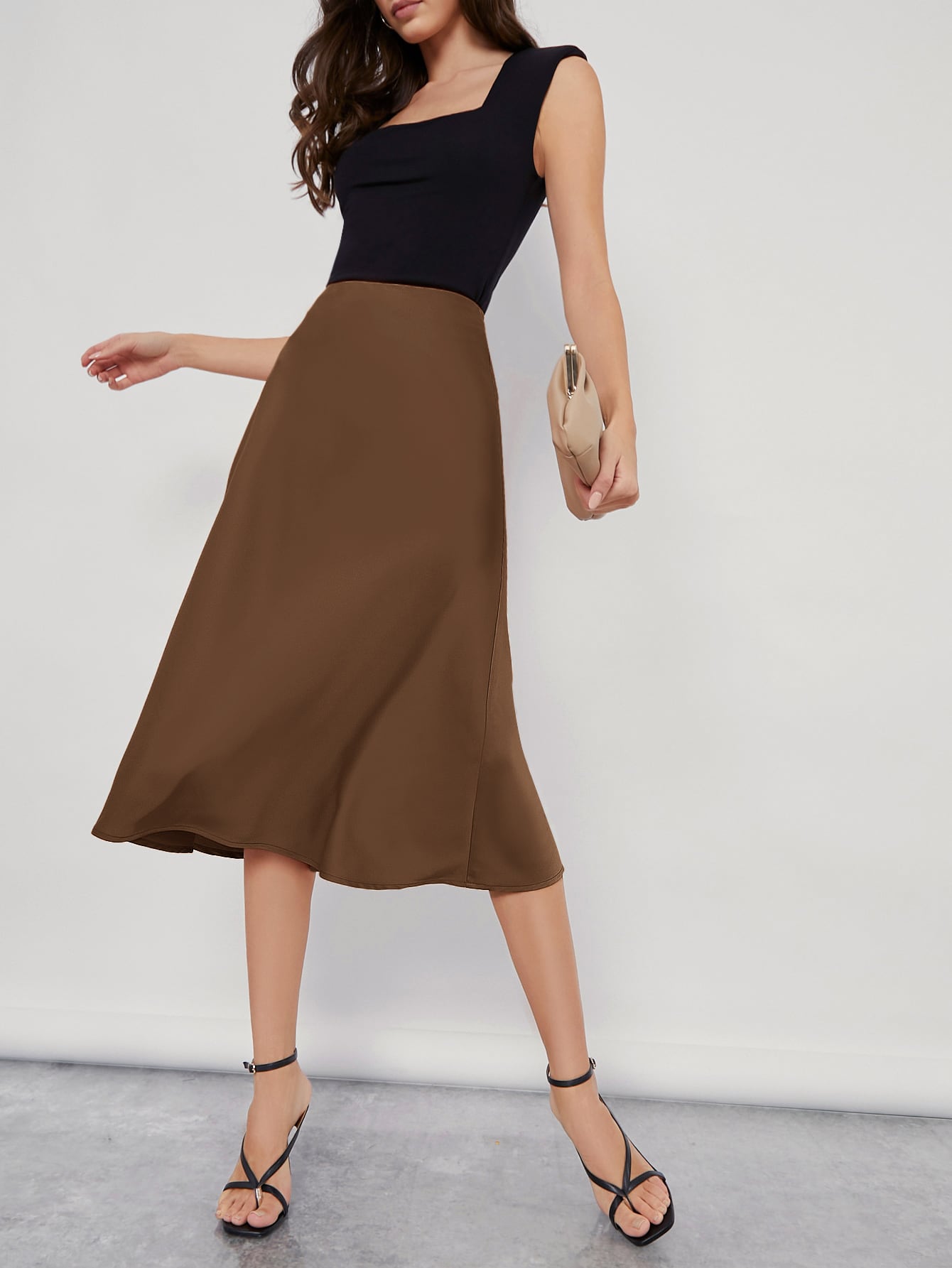 Solid High Waist Satin Skirt Workwear