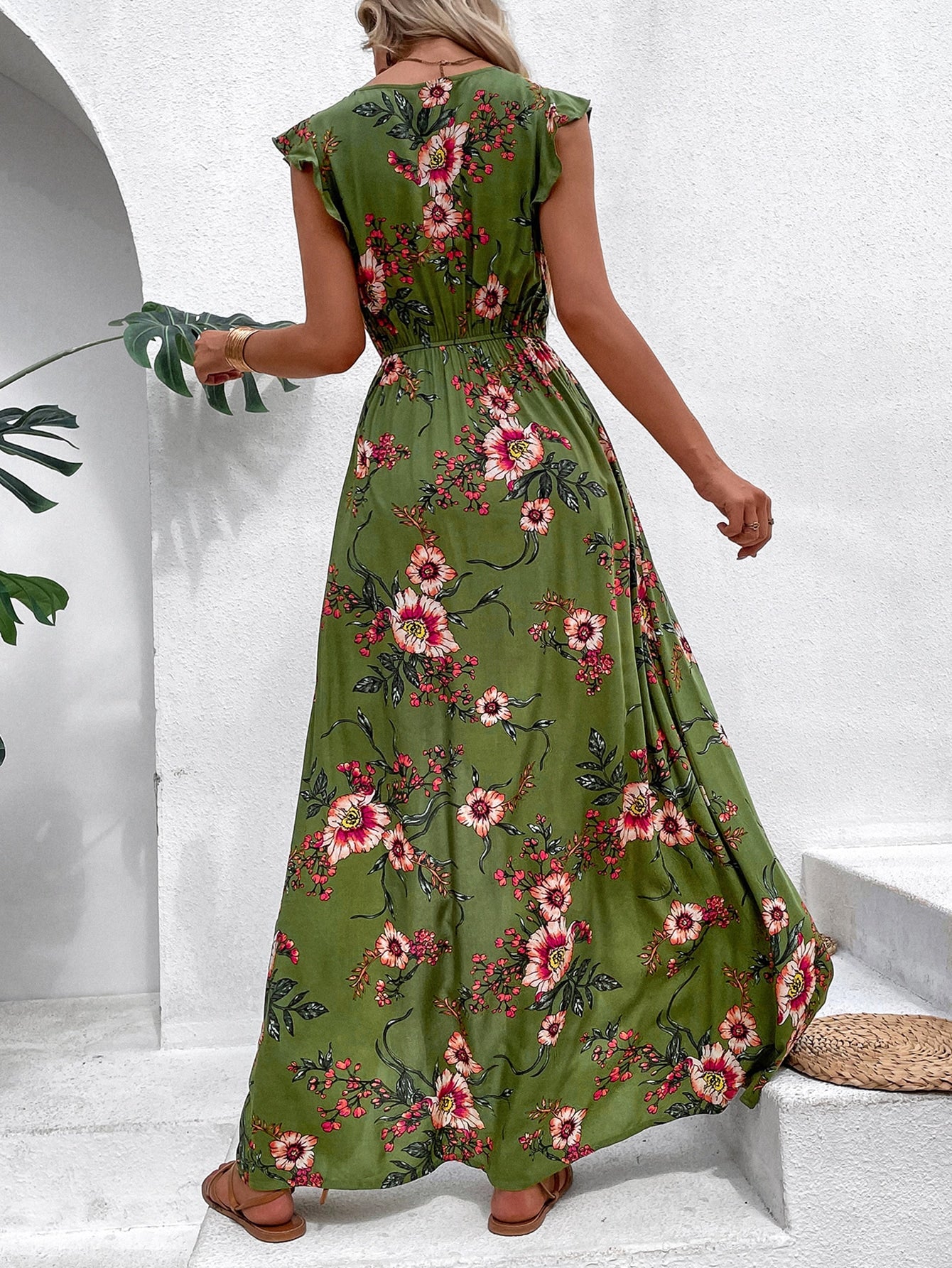 Floral Print Ruffle Trim Slit Thigh Dress Without Belt