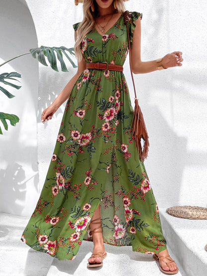 Floral Print Ruffle Trim Slit Thigh Dress Without Belt