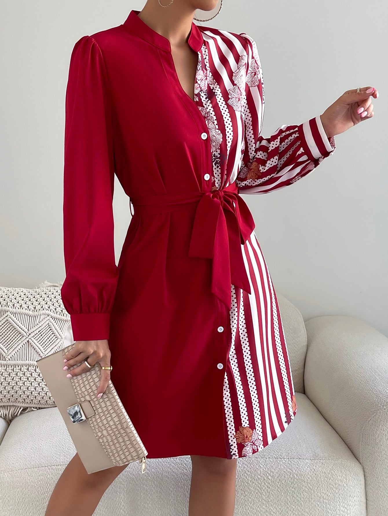 Striped And Floral Print Belted Shirt Dress
