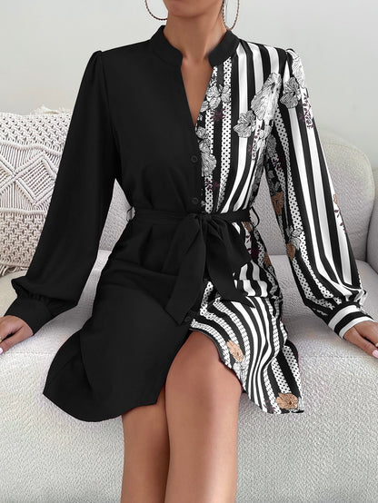 Striped And Floral Print Belted Shirt Dress