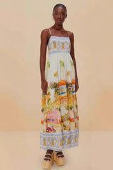 Linen Floral Print Midi Slip Dress