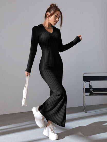 Solid Ribbed Knit Split Thigh Dress