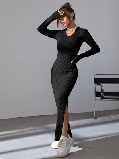 Solid Ribbed Knit Split Thigh Dress