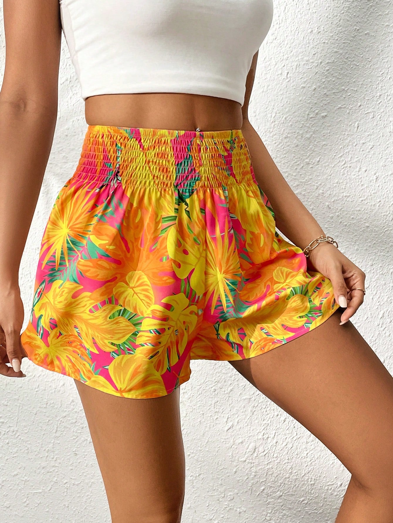 Tropical Print Shirred Waist Shorts