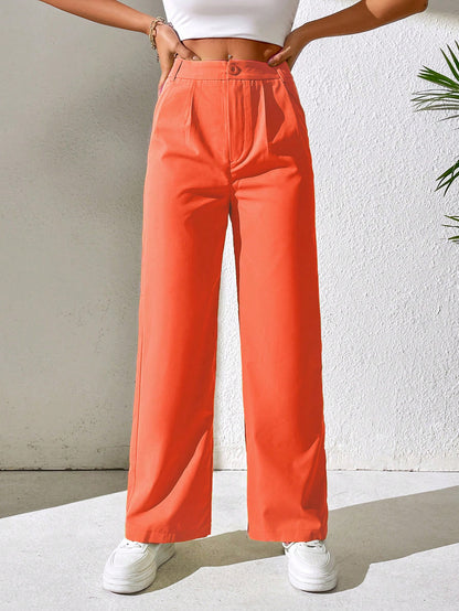Solid Plicated Detail Straight Leg Pants