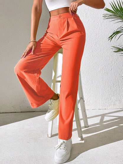 Solid Plicated Detail Straight Leg Pants