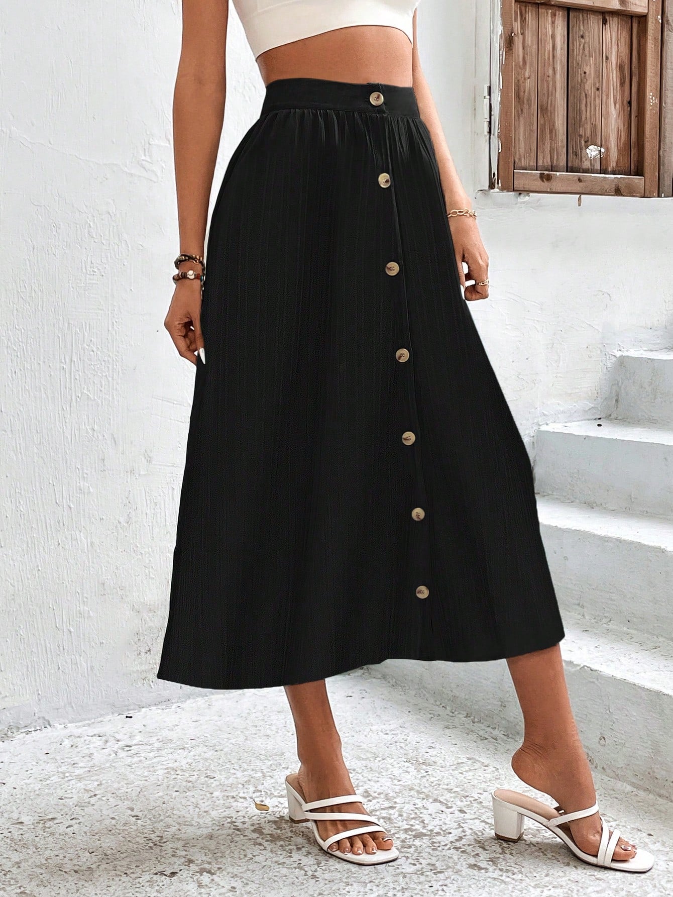 High Waist Button Detail Plisse A-line Skirt