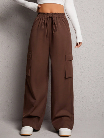 Flap Pocket Side Drawstring Waist Cargo Pants