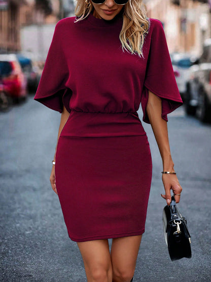 Solid Batwing Sleeve Mock Neck Bodycon Dress