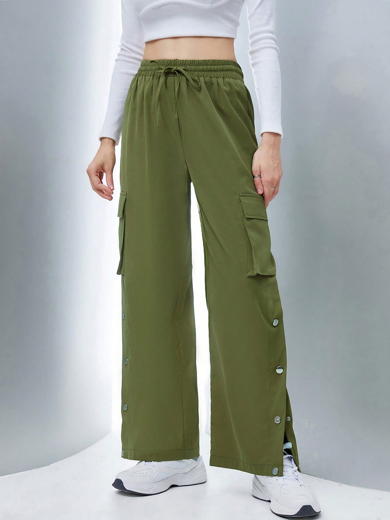 Flap Pocket Side Drawstring Waist Button Hem Cargo Pants