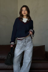 Casual Striped Color Block V-Neck Loose Knit Sweater