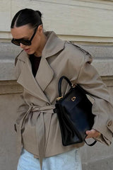 Khaki Lapel Belted Slim Long Sleeve Trench Coat