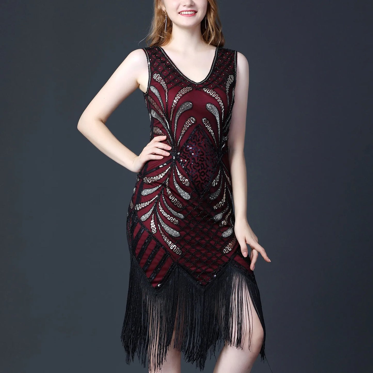 1920s Retro Tassel Prom Sequin Dance Double V Neck Sleeveless Beaded Small Flapper Gatsby Vestidos Dress