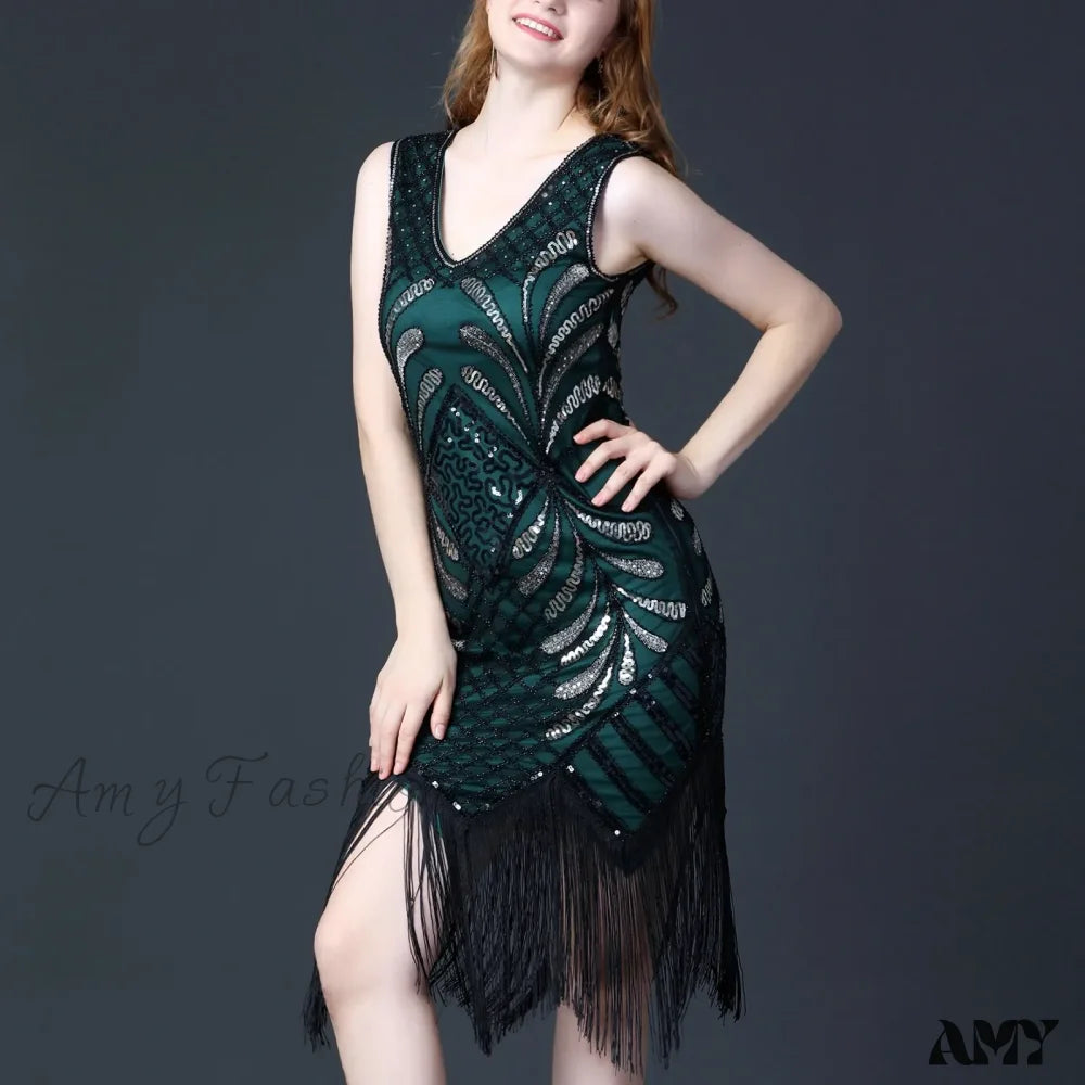 1920S Retro Tassel Prom Sequin Dance Double V Neck Sleeveless Beaded Small Flapper Gatsby Vestidos