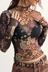 Floral Animal Print Mesh Long Sleeved T-shirts