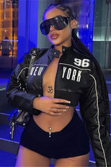 Slim Crop Zip Printed Panel Leather Jacket