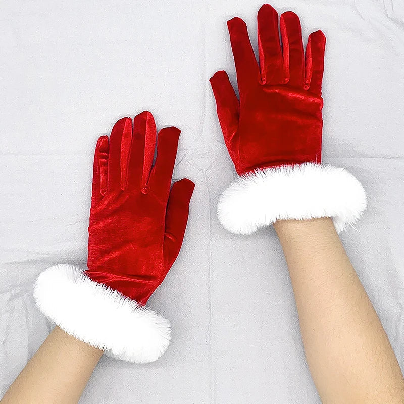 Red Gold Velvet White Plush Full Finger Christmas Party Costume Glove