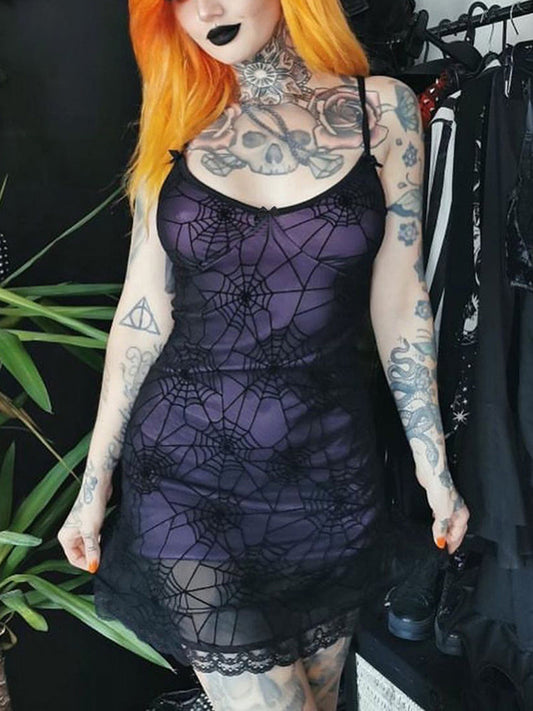 Gothic Cami Lace Contrast Lace Stretch Dress Strap Spider Web Grunge Print Spaghetti