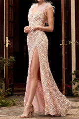 Red Sequin Feather High-Waist Solid Maxi Party Dress