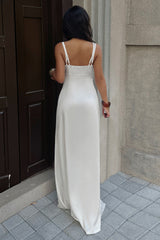 Lace Panel Bust V Neck Satin High Split Slip Dress
