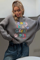 Casual Embroidered Letter Relaxed Fit Knit Sweater