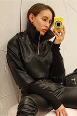 Sexy PU Stand-Up Collar Slim Bomber Jacket