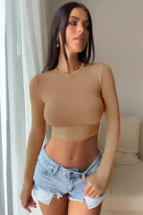 Hottie Solid Round Neck Slim Long Sleeve Crop Top
