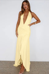 Halter V-Neck Backless Ruched High Slit Party Dress