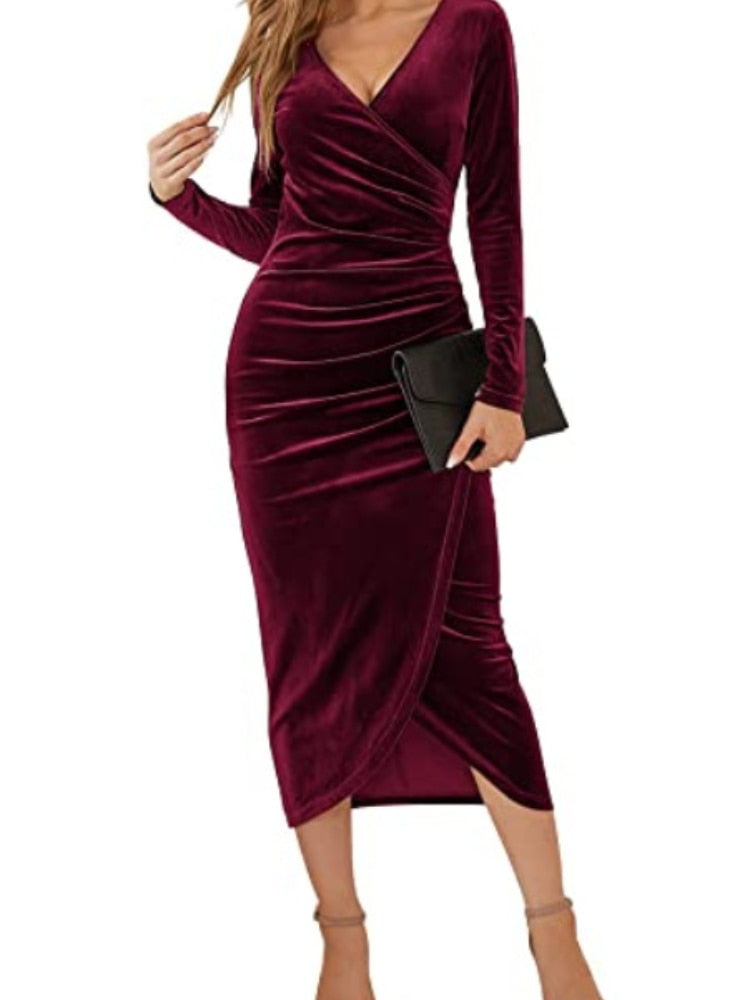 Amy Fashion - Autumn Velvet Bodycon Black Midi Dress